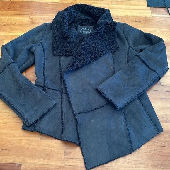 Prana Gray/Black Faux Suede shearling Lined Jacket Open Front draped townie XS/S - Picture 4 of 11